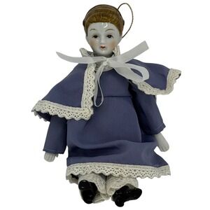 Vintage Porcelain Doll Ornament Girl Blue Dress Lace Hanging 7in Victorian